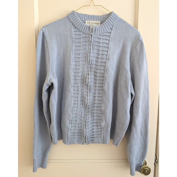 St. John Knit Light Grey Zip Cardigan Jacket Women's Size 10 - Picture 1 of 8